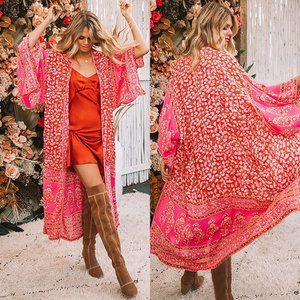 Boho PinkRed floral maxi long kimono beach coverup